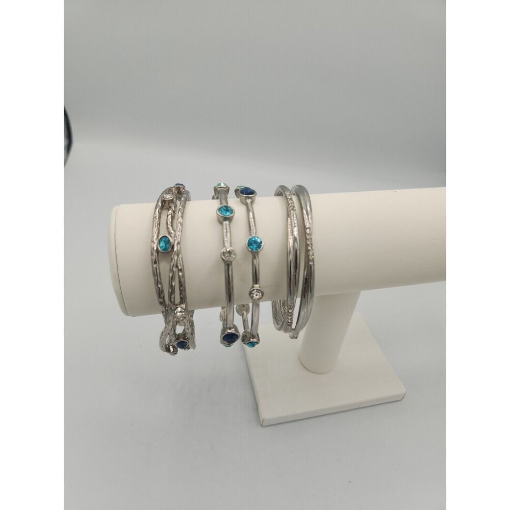 Rj Graziano Set Of 5 Silver Bangles. Plain, Rhinestoned, Hammered/Twisted.